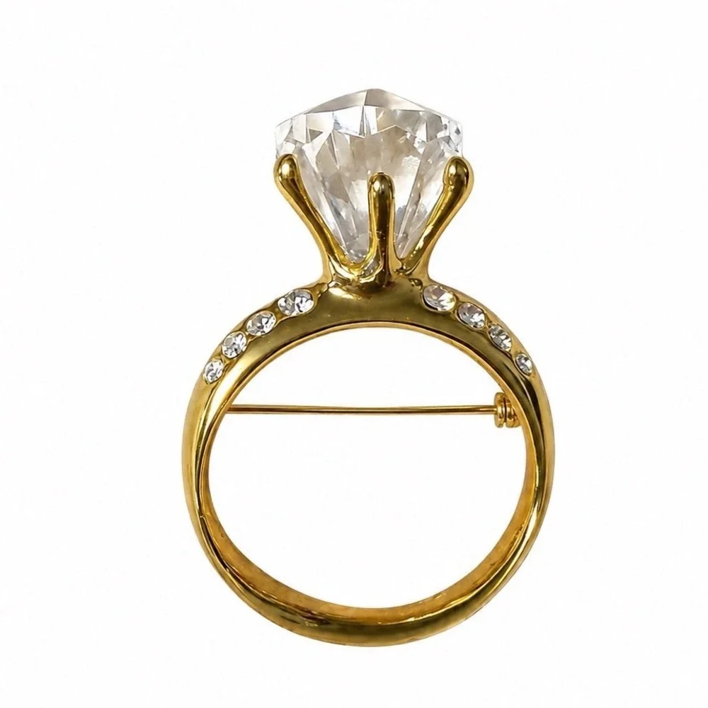 Flawed Gem!‎ Gold Tone Ring Brooch Pin Large Clear Faceted Crystal Rhinestone